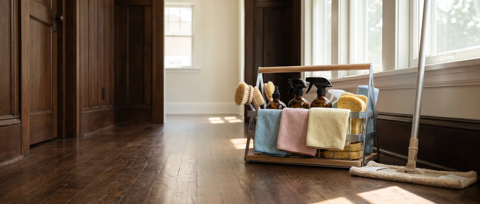 Professional house cleaning caddy with spray bottles, brushes and microfiber mop on hardwood