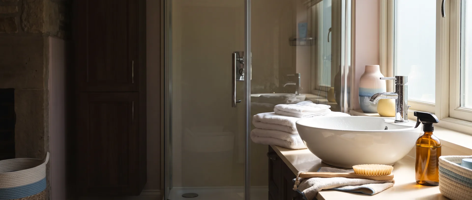 Sparkling clean bathroom with white vessel sink, chrome faucet and rolled towels