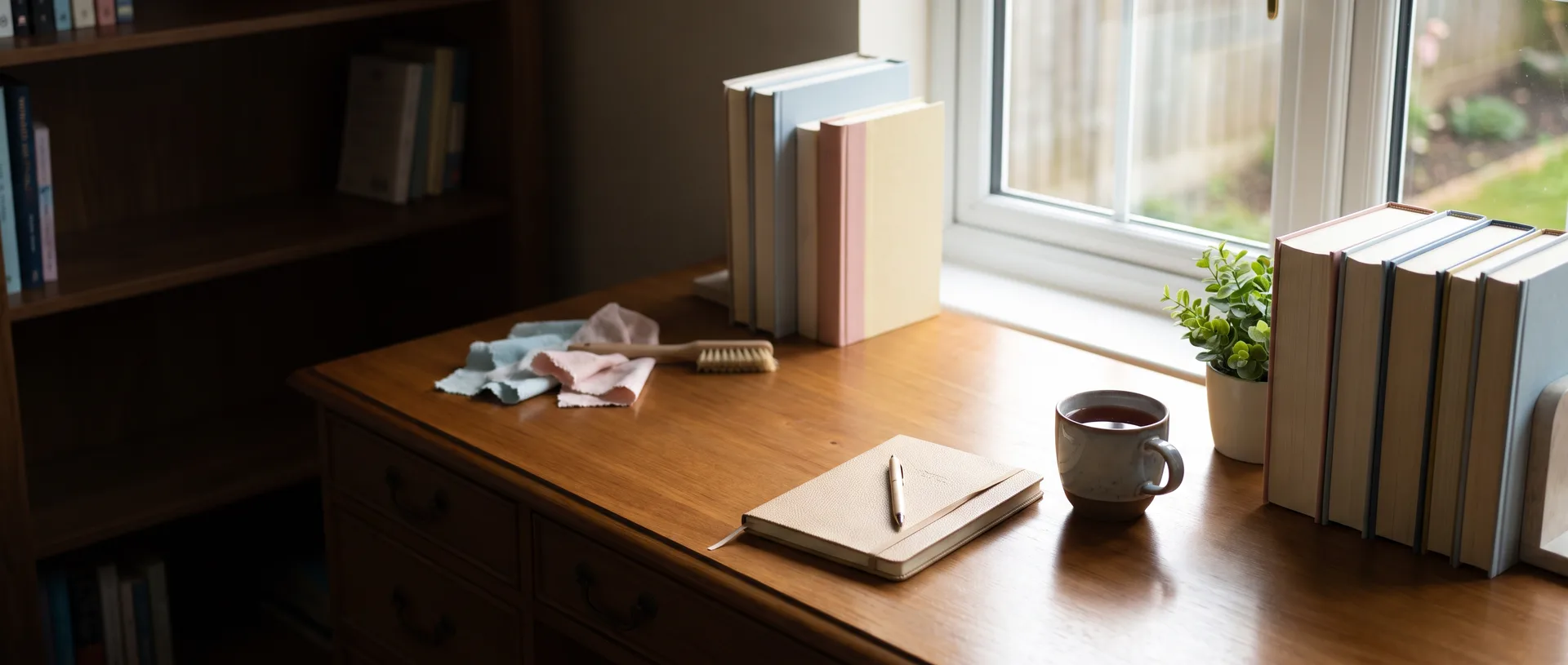 Clean, organized home desk with notebook, tea and plant in natural window light