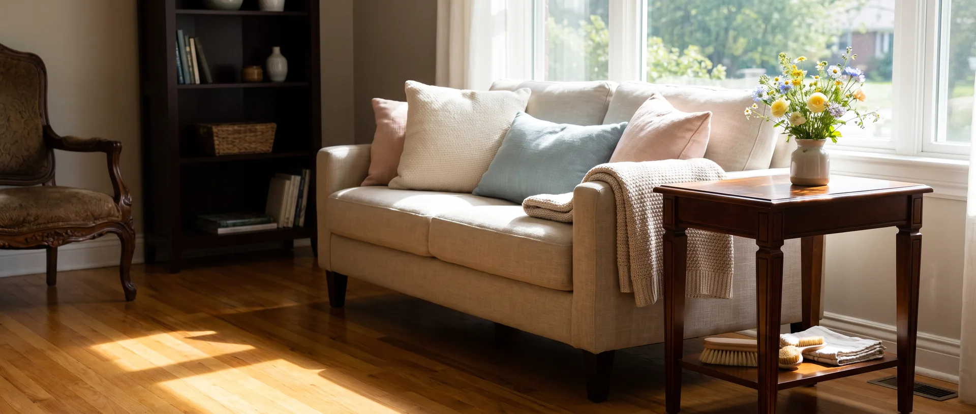 Freshly cleaned family living room with linen sofa, wildflowers and polished hardwood floor