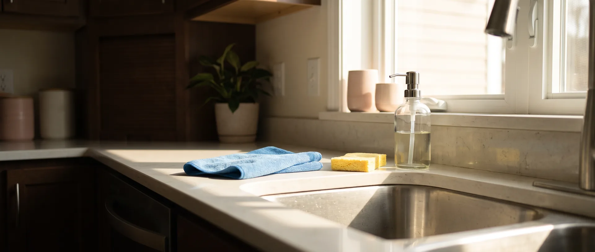 Spotless kitchen sink with blue microfiber cloth, yellow sponge and soap dispenser